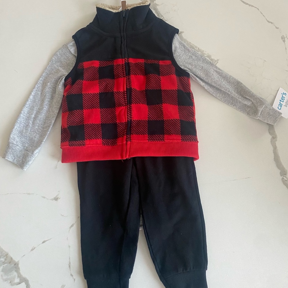 Red and Black Plaid Vest with Gray Sleeves Outfit Winter Warm Fall Fashion 18-24